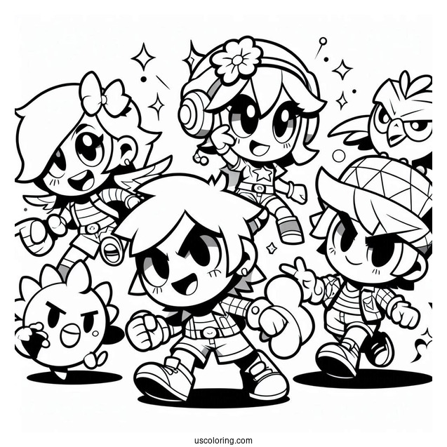 Brawl Stars Coloring Page Of Shelly, Spike, Pam, Piper, Rico, And Crow In A Brawl