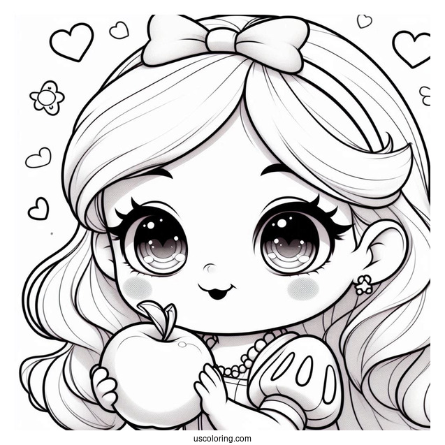 Adorable Chibi Snow White Coloring Pages Staring At An Apple For Preschoolers