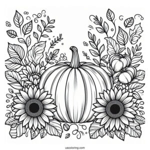 Pumpkin Coloring Page Of Sunflowers, And Leaves