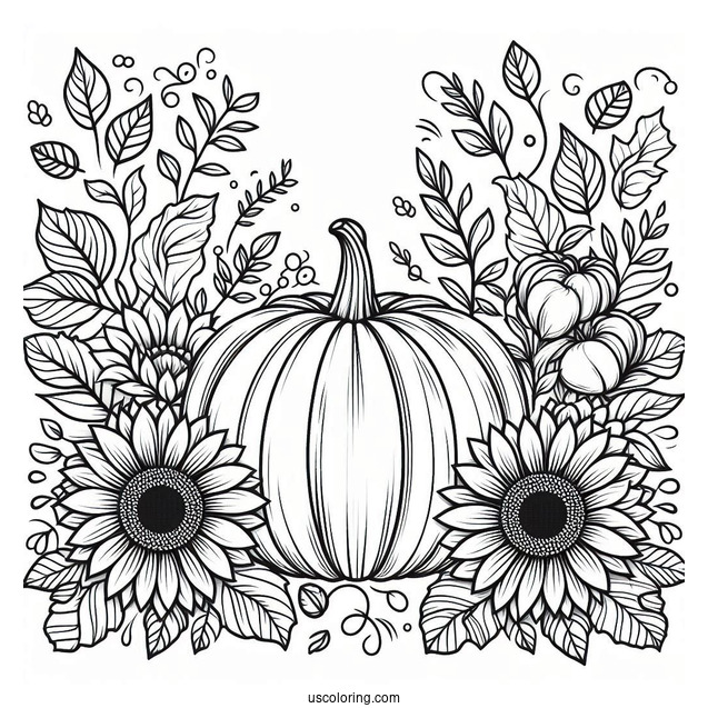 Pumpkin Coloring Page Of Sunflowers, And Leaves