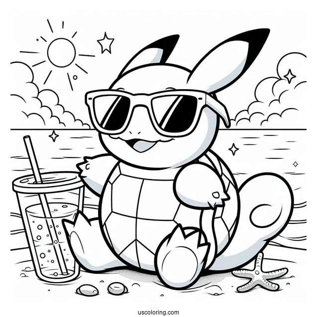 Squirtle Coloring Page With Pikachu Wearing Sunglasses