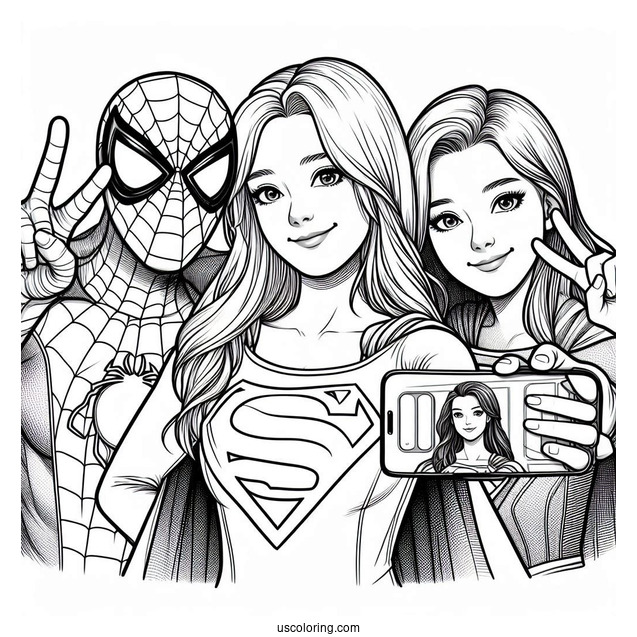 Spiderman, Superman, And Supergirl Coloring Page Taking A Selfie