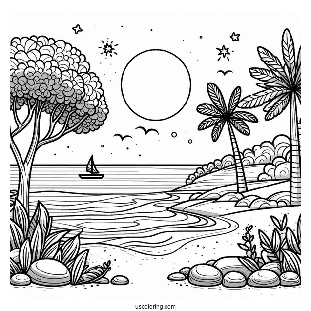 Easy Beach Coloring Page Shore With Trees