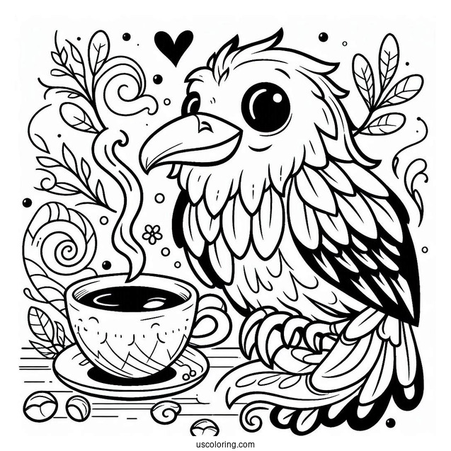 Happy Raven Coloring Page Drinking Coffee For Kids