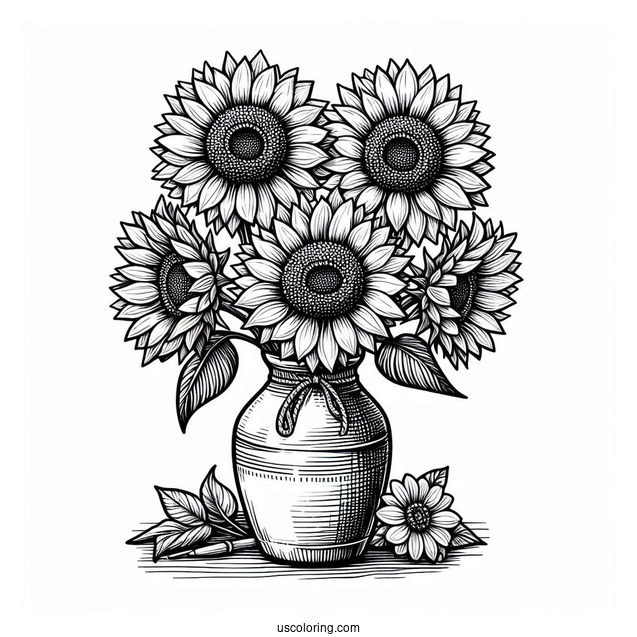 Four Beautiful Sunflowers In Vase For Coloring_