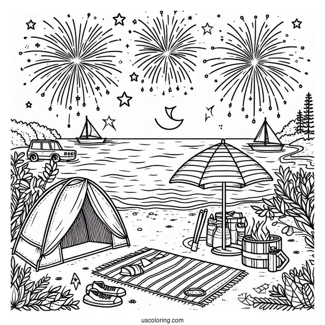 Summer Coloring Page Of Beach Camping With Fireworks In The Sky