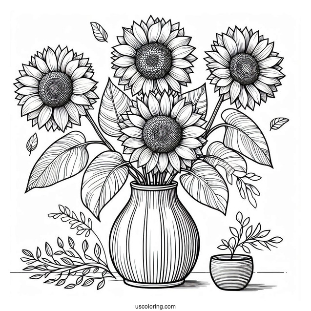 Four Beautiful Sunflowers In Vase For Coloring_