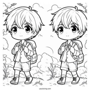 Chibi Coloring Page Schoolboy with Backpack Walking Outdoors
