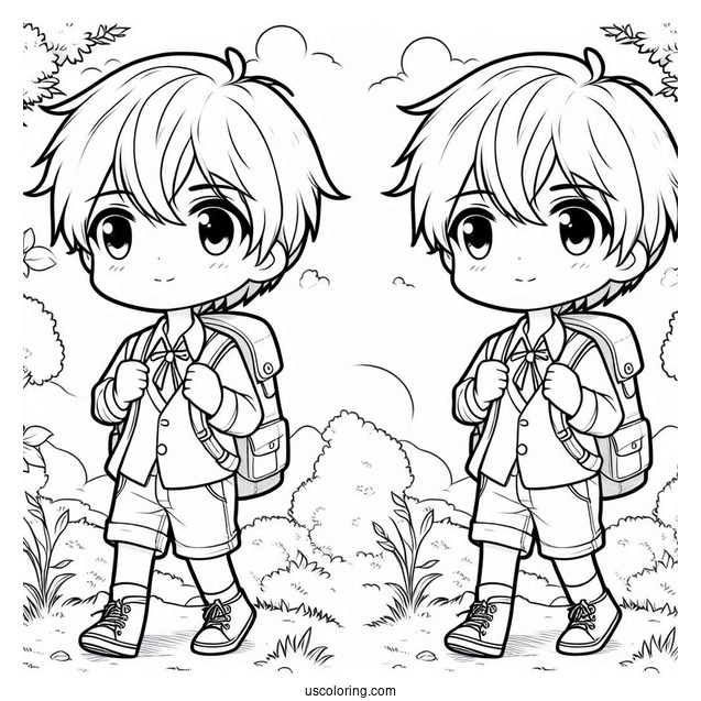 Chibi Coloring Page Schoolboy with Backpack Walking Outdoors