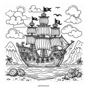 Large Cartoon Pirate Ship Coloring Page Near An Island