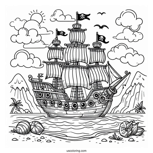 Large Cartoon Pirate Ship Coloring Page Near An Island