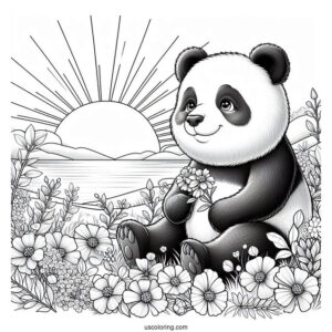 Realistic Panda Coloring Page Sitting in Flower Field with Sunrise in Background