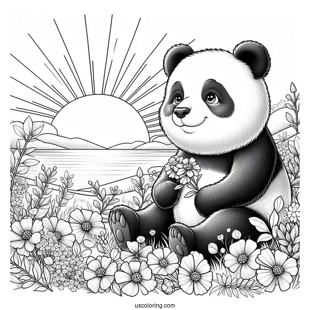 Realistic Panda Coloring Page Sitting in Flower Field with Sunrise in Background