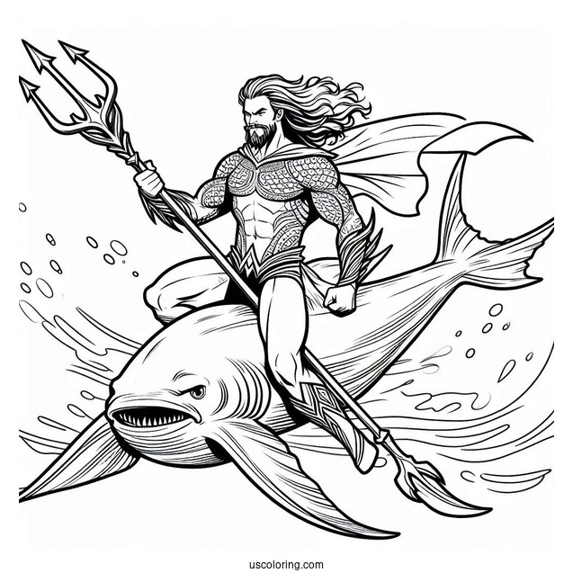 Aquaman Coloring Page Holding his Trident While Riding A Manta Ray