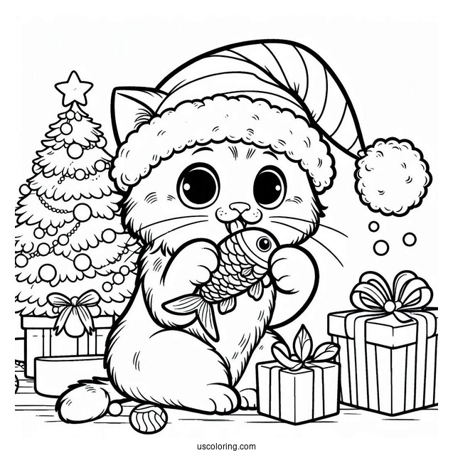 Cat Eating Fish Treat On Christmas Day Coloring Page