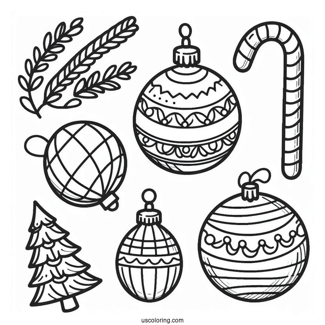 Simple Globes And Candy Cane Outline Christmas Ornaments Coloring Page