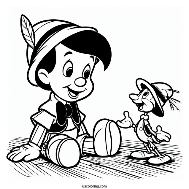 Pinocchio Coloring Page Talking To Jiminy Cricket On The Floor