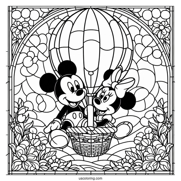 Mickey And Minnie Mouse On A Hot Air Balloon Stained Glass Coloring Page