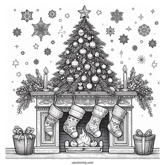 Christmas Tree And Stockings On Mantle