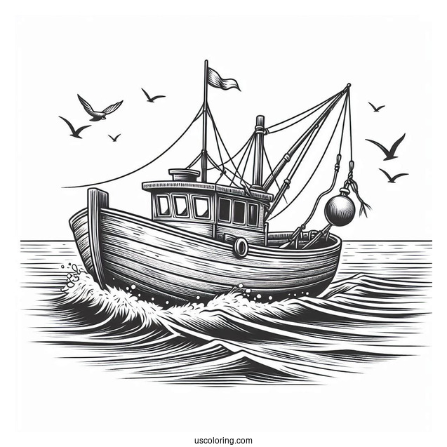 Large Fishing Coloring Page Boat In The Middle Of The Sea
