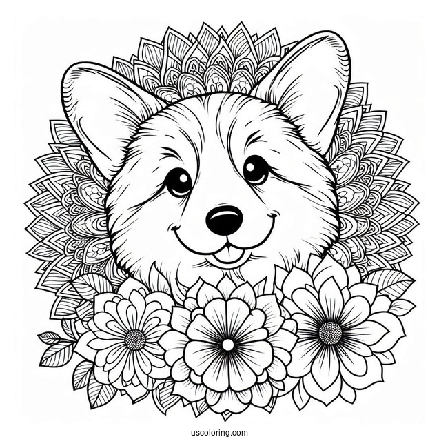 Coloring Page Of Corgi Inside Flower Mandala