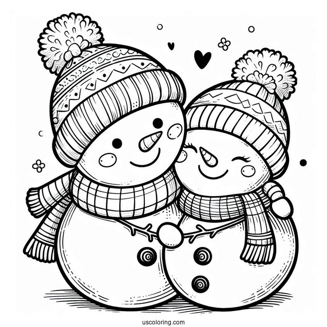 Two Cute Snowmen Hudgging Coloring Sheet