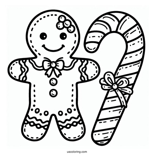 Gingerbread Man With Candy Cane Coloring Page For Preschoolers
