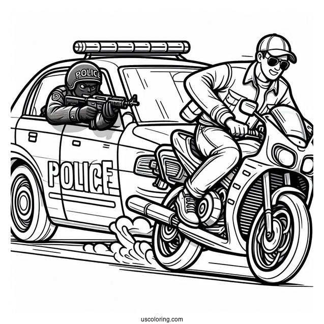 Police Car Coloring Page Chasing A Criminal On A Motorcycle