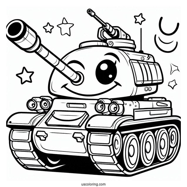 Coloring Sheet of Cartoon Military Tank With Smiling Face