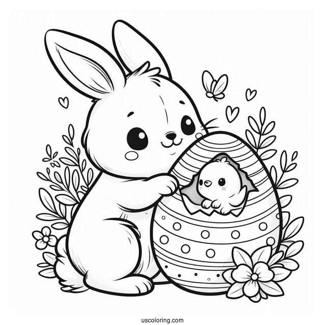 Easter Bunny Coloring Page Holding Easter Egg With Chick Inside