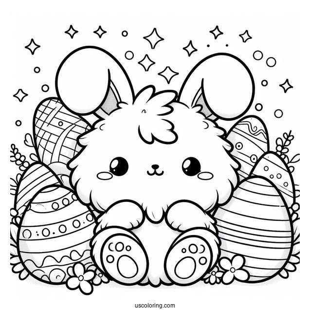 Easter Coloring Page Of Fluffy Kawaii Rabbit Surrounded By Easter Eggs