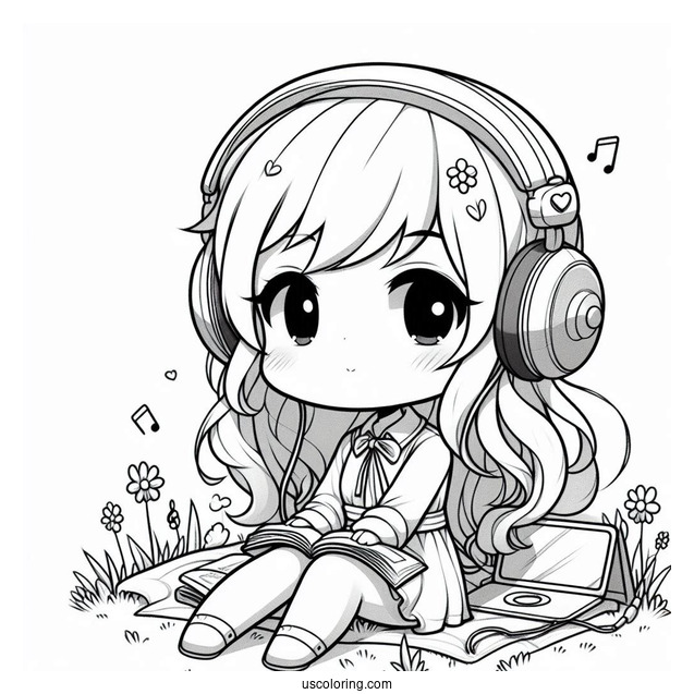Chibi Girl Listening To Music While Sitting On Grass