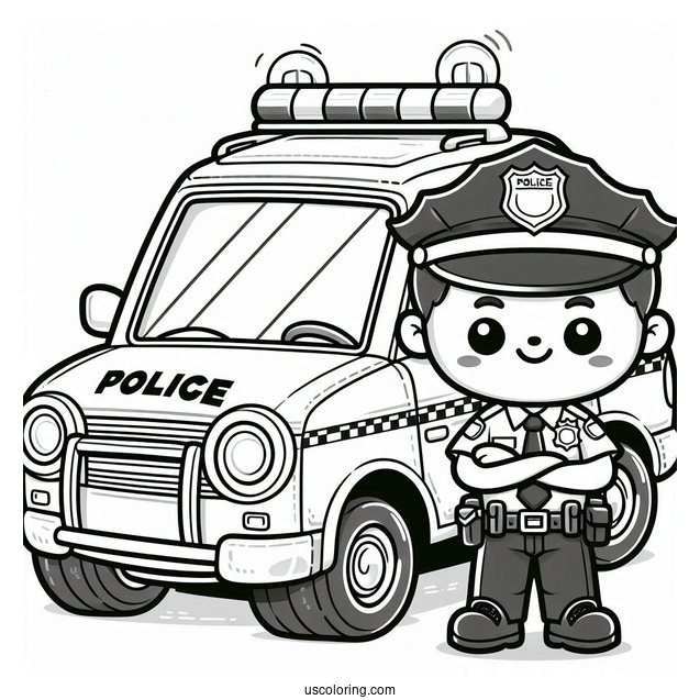 Cartoon Police Officer Next To His Police Car Coloring Page