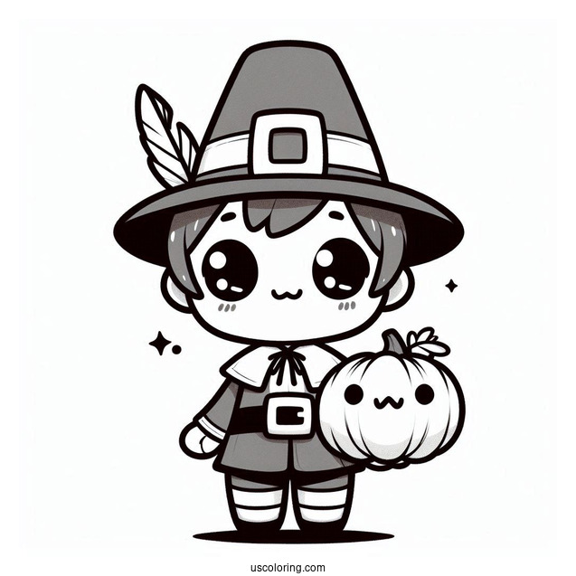 Kawaii Chibi Boy Pilgrim Coloring Page Holding A Pumpkin For Kids