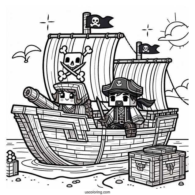 Easy Minecraft Pirate Ship Coloring Page With Two Pirates For Kids