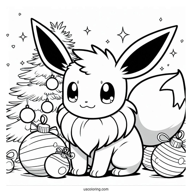 Pokemon Christmas Coloring Page Cute Eevee With Baubles In The Background Pokemon Christmas