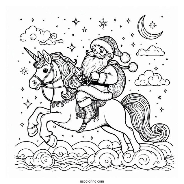 Santa Claus Riding a Unicorn Coloring Page