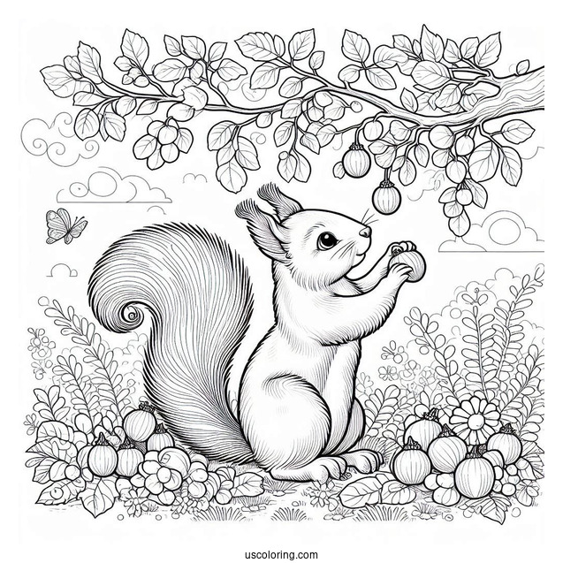Squirrel Coloring Page Reaching Up For Nuts In Autumn