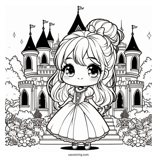Kawaii Chibi Cinderella Outside Castle Coloring Page For Kids