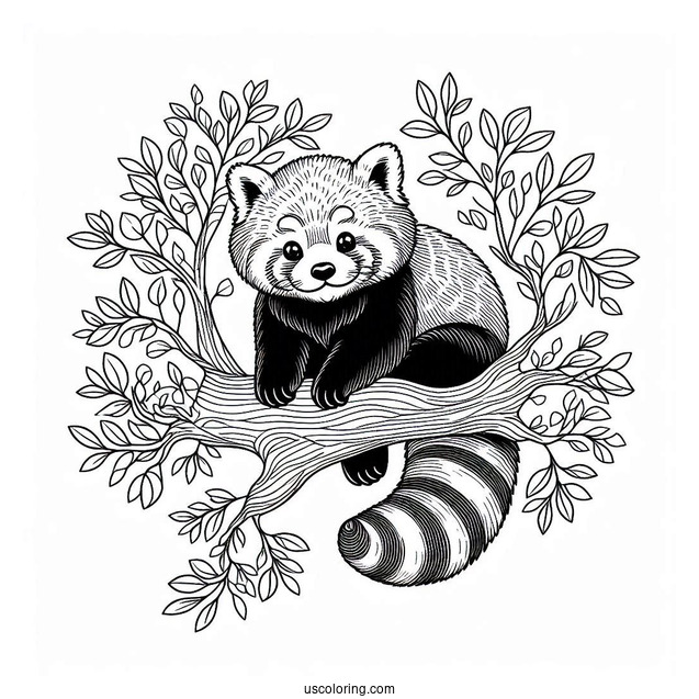 Red Panda Sitting In Tree To Color