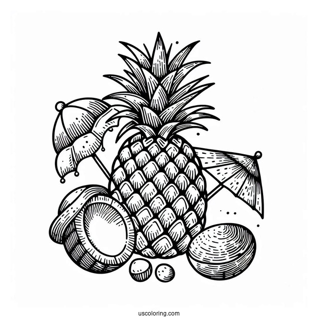 Summer Pineapple Coloring Page With Hat and Coconuts