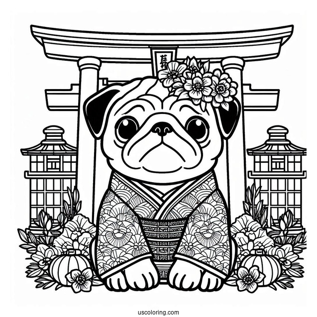 Pug Coloring Page in Kimono at Japanese Torii Gate For Kids