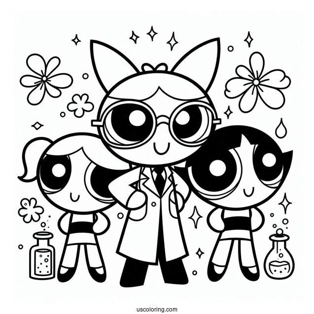 Bubbles, Blossom, And Buttercup With Professor Utonium