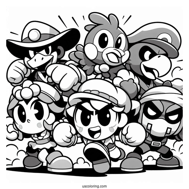 Brawl Stars Coloring Page Of Shelly, Spike, Pam, Piper, Rico, And Crow In A Brawl