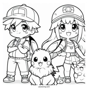 Cute Coloring Page Pokemon Trainer With Pikachu And Eevee