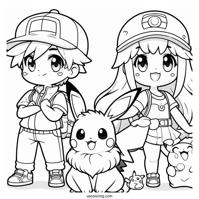 Cute Coloring Page Pokemon Trainer With Pikachu And Eevee