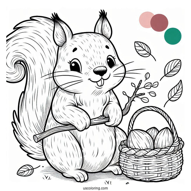 Squirrel Coloring Page Holding Stick And Wearing Basket For Collecting Nuts