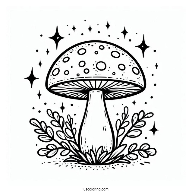 Mushroom Coloring Page With Spotted Cap And Sparkly Background