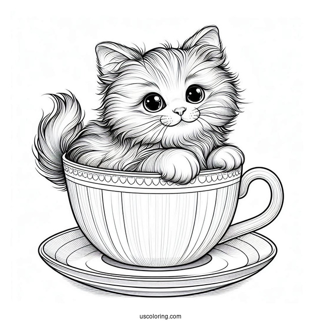 Coloring Page Of Realistic Cat Inside Teacup