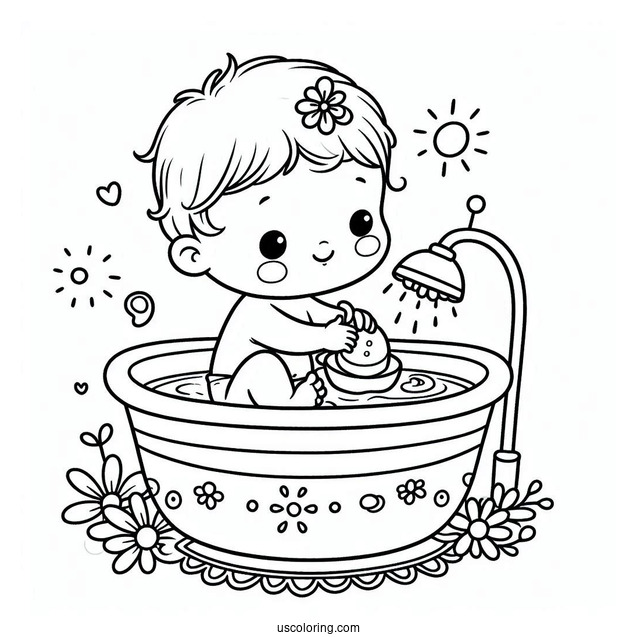 Beautiful Baby Coloring Page Playing In A Basin